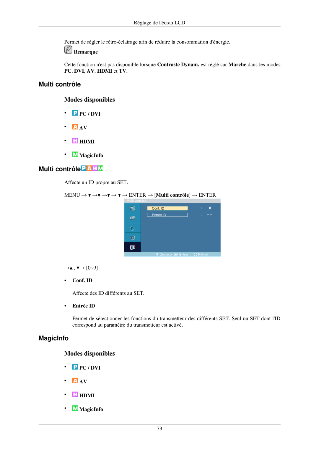 Samsung LH32TCUMBC/EN manual Multi contrôle, MagicInfo, Conf. ID, Entrée ID 