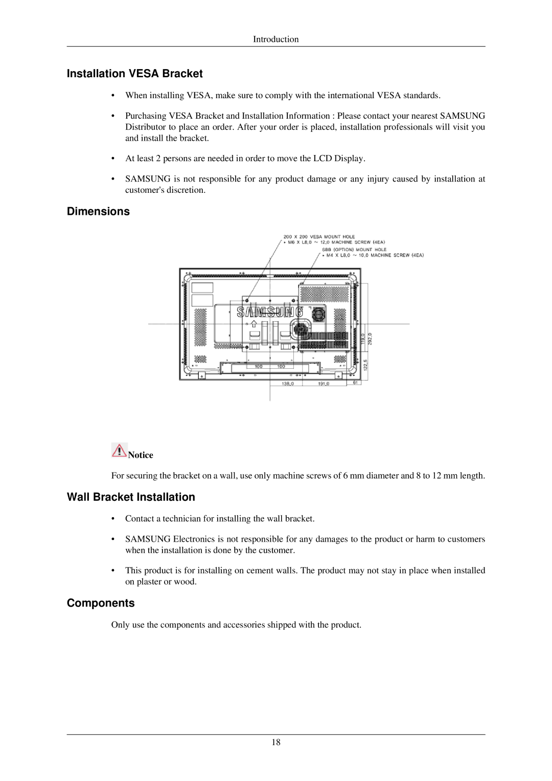 Samsung LH32TCUMBC/EN manual Installation Vesa Bracket, Dimensions, Wall Bracket Installation, Components 