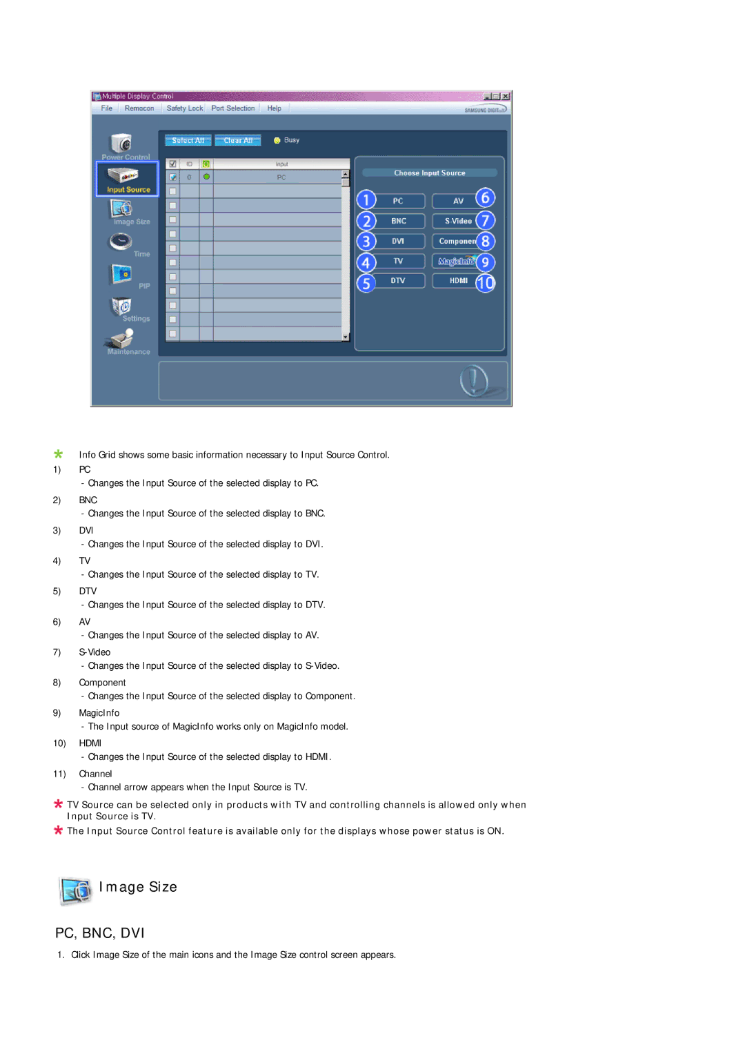 Samsung LH32TCUMBC/EN manual Image Size, Pc, Bnc, Dvi 