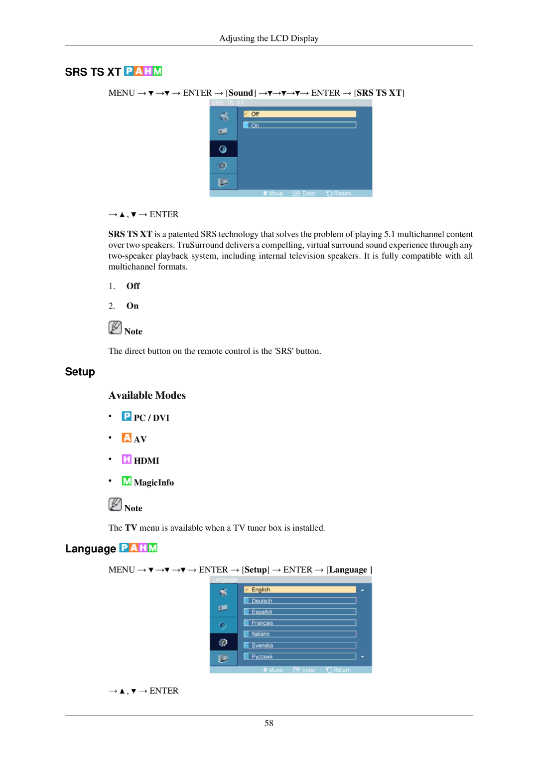 Samsung LH32TCUMBC/EN manual Setup, Language 