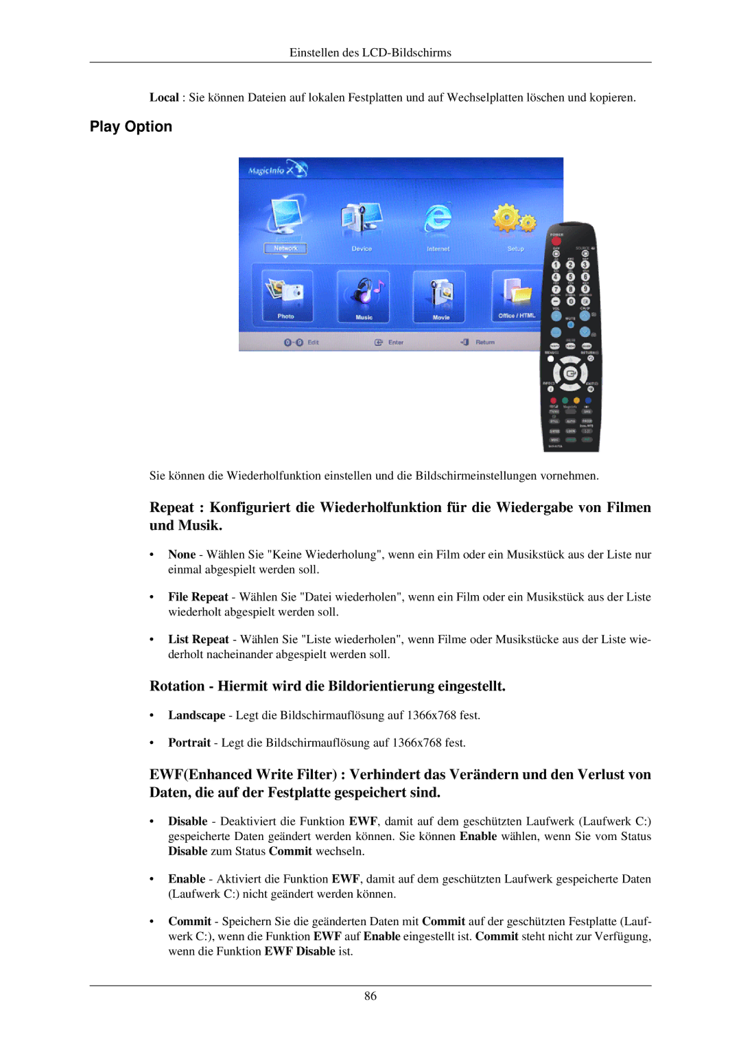 Samsung LH32TCUMBC/EN manual Play Option, Rotation Hiermit wird die Bildorientierung eingestellt 