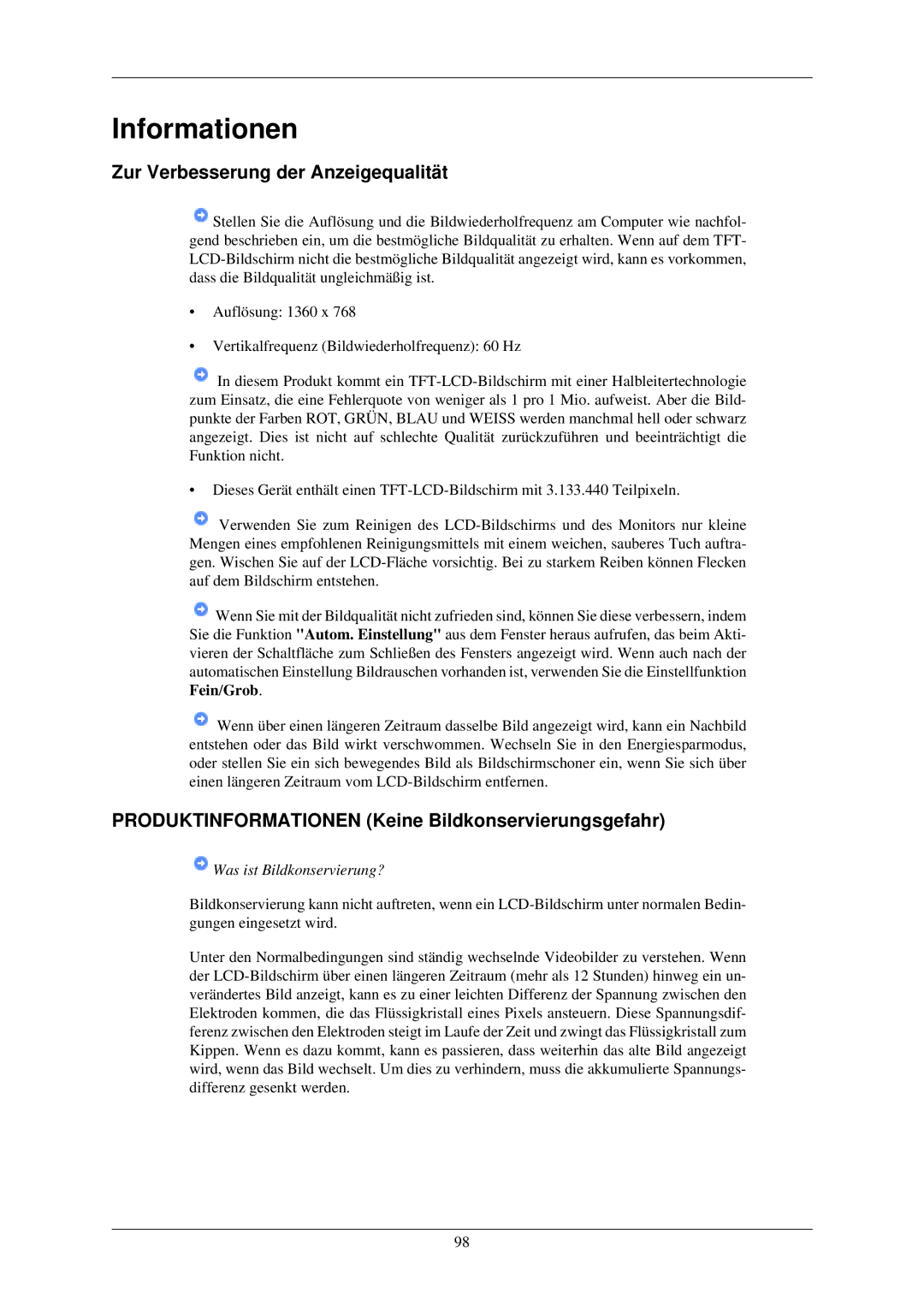 Samsung LH32TCUMBC/EN manual Zur Verbesserung der Anzeigequalität, Produktinformationen Keine Bildkonservierungsgefahr 