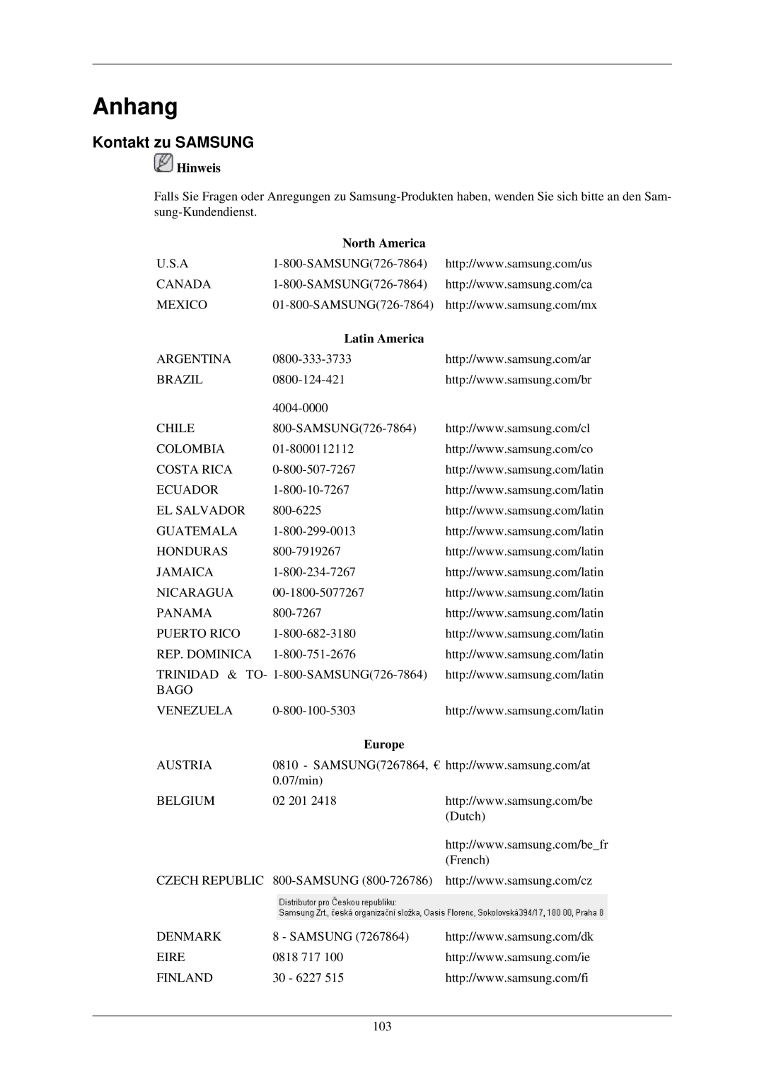 Samsung LH32TCUMBC/EN manual Kontakt zu Samsung, North America, Latin America, Europe 