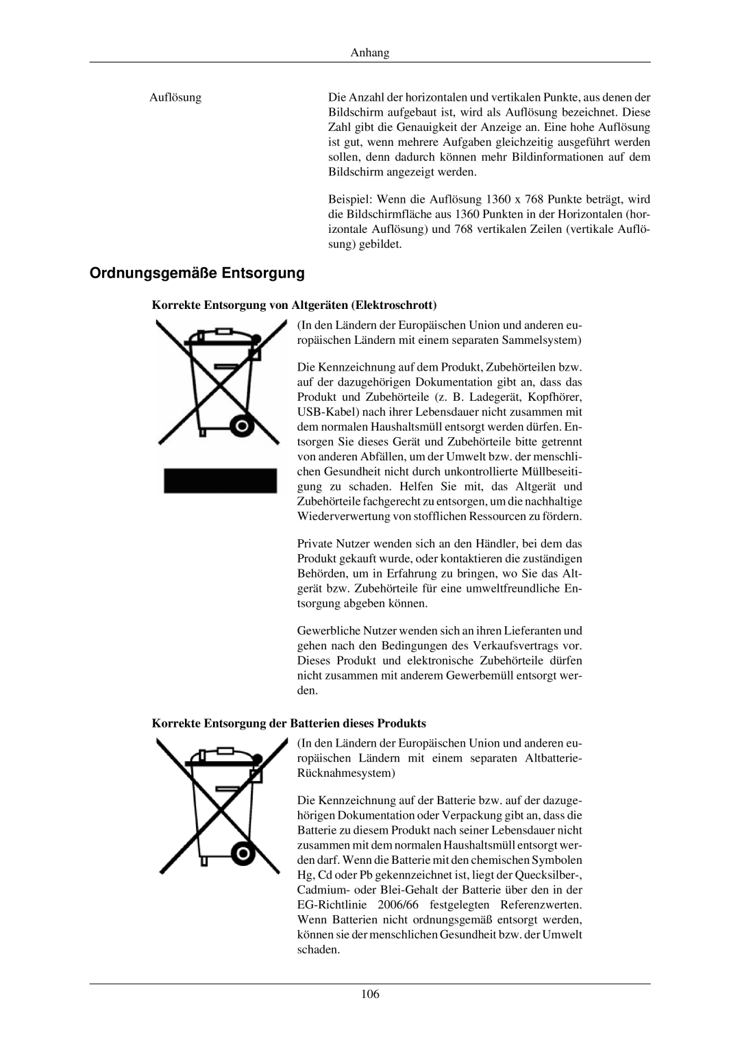 Samsung LH32TCUMBC/EN manual Ordnungsgemäße Entsorgung, Korrekte Entsorgung von Altgeräten Elektroschrott 