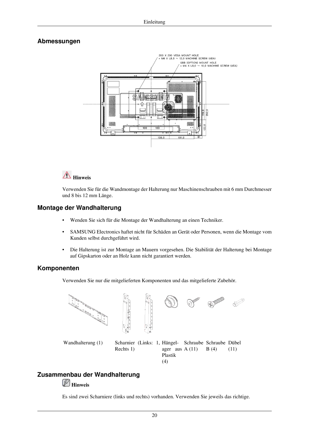 Samsung LH32TCUMBC/EN manual Abmessungen, Montage der Wandhalterung, Komponenten, Zusammenbau der Wandhalterung 