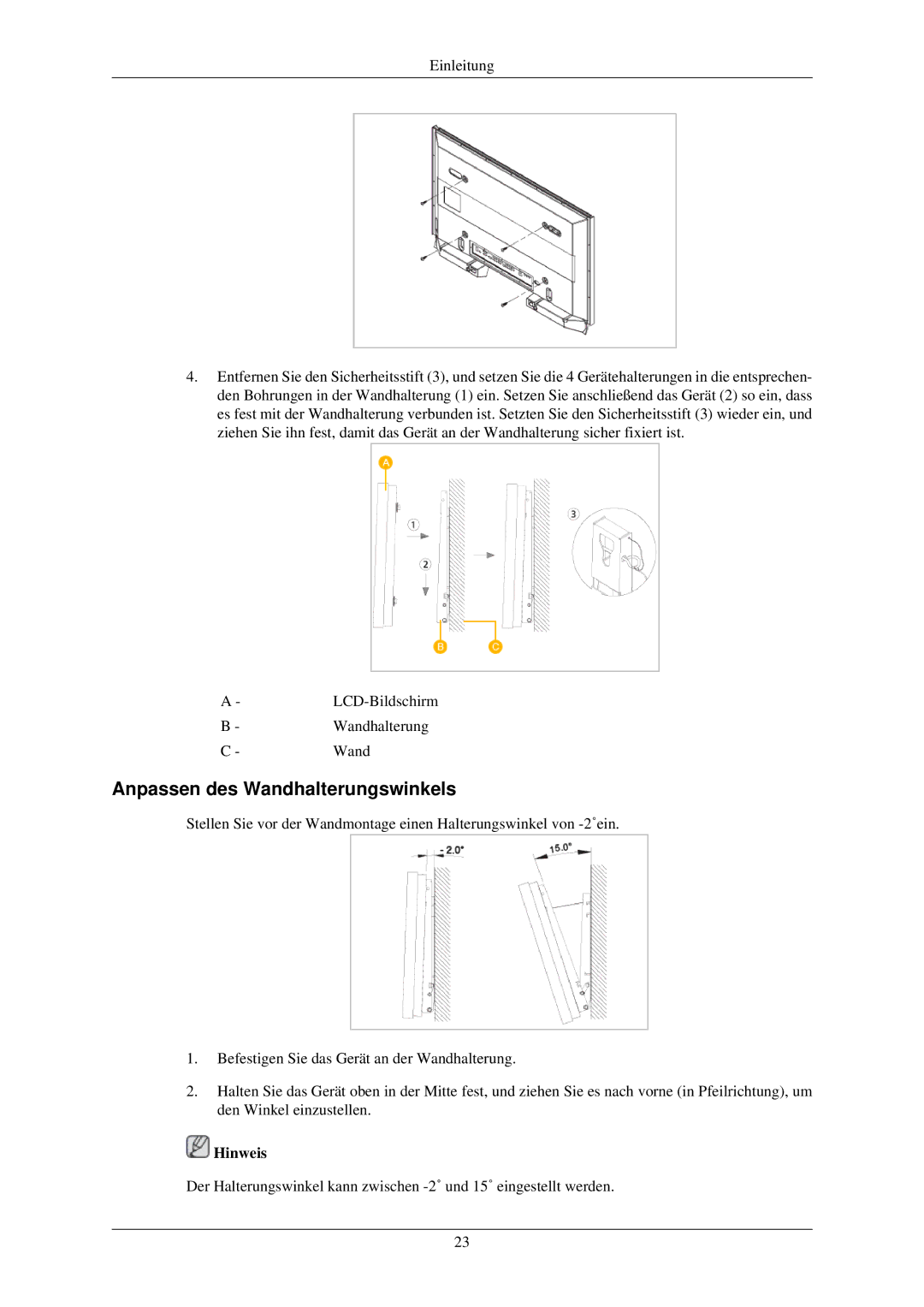 Samsung LH32TCUMBC/EN manual Anpassen des Wandhalterungswinkels 