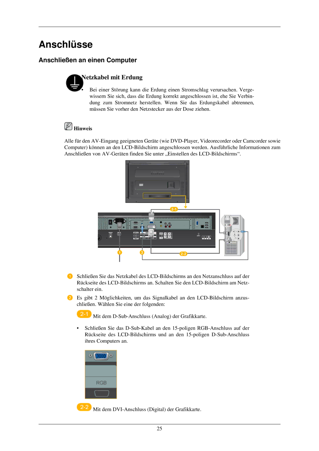 Samsung LH32TCUMBC/EN manual Anschlüsse, Anschließen an einen Computer 