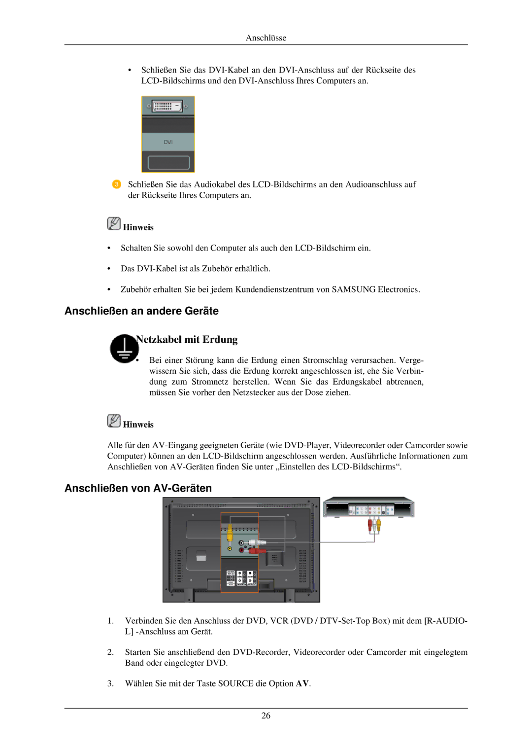 Samsung LH32TCUMBC/EN manual Anschließen an andere Geräte, Anschließen von AV-Geräten 