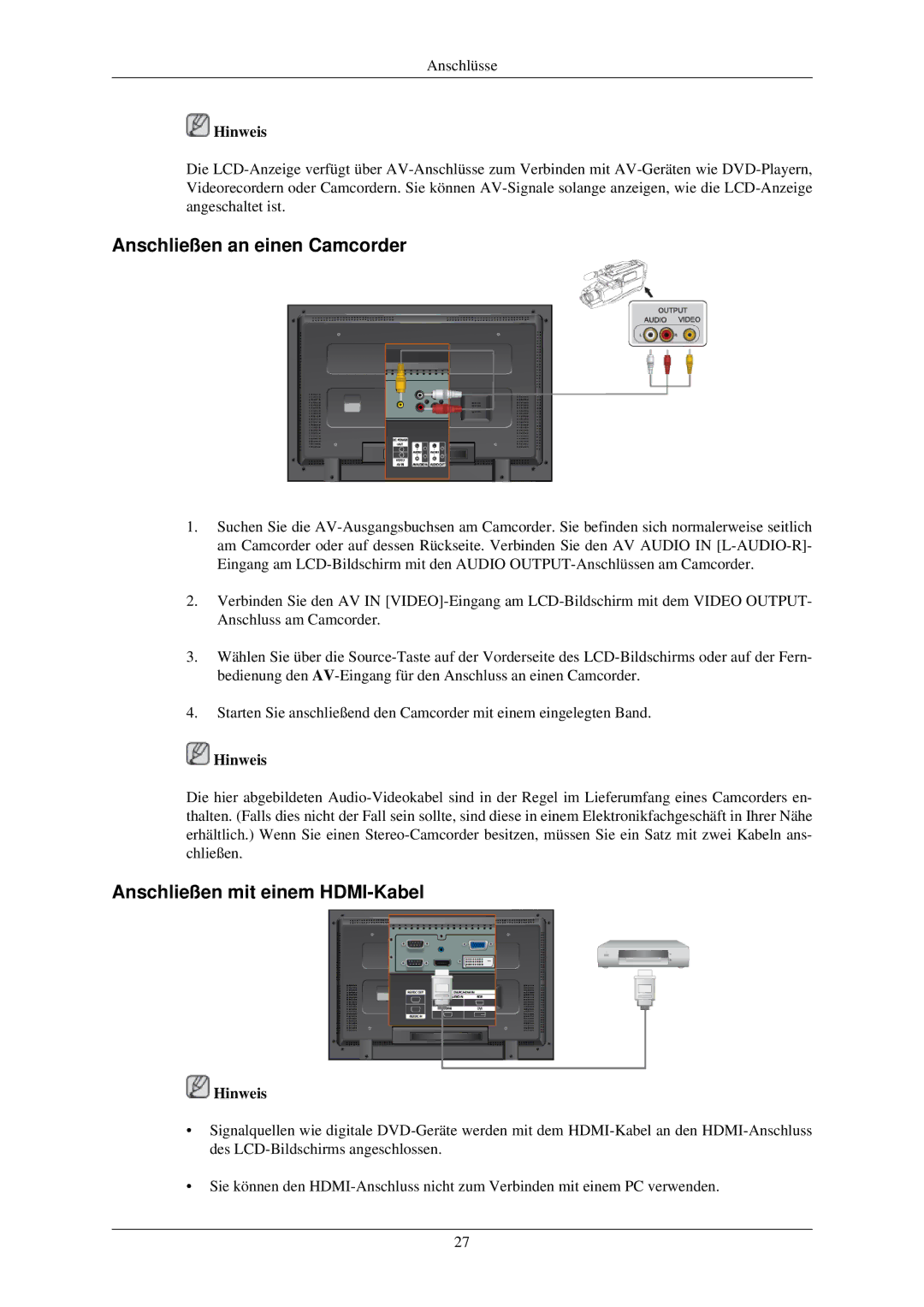 Samsung LH32TCUMBC/EN manual Anschließen an einen Camcorder, Anschließen mit einem HDMI-Kabel 