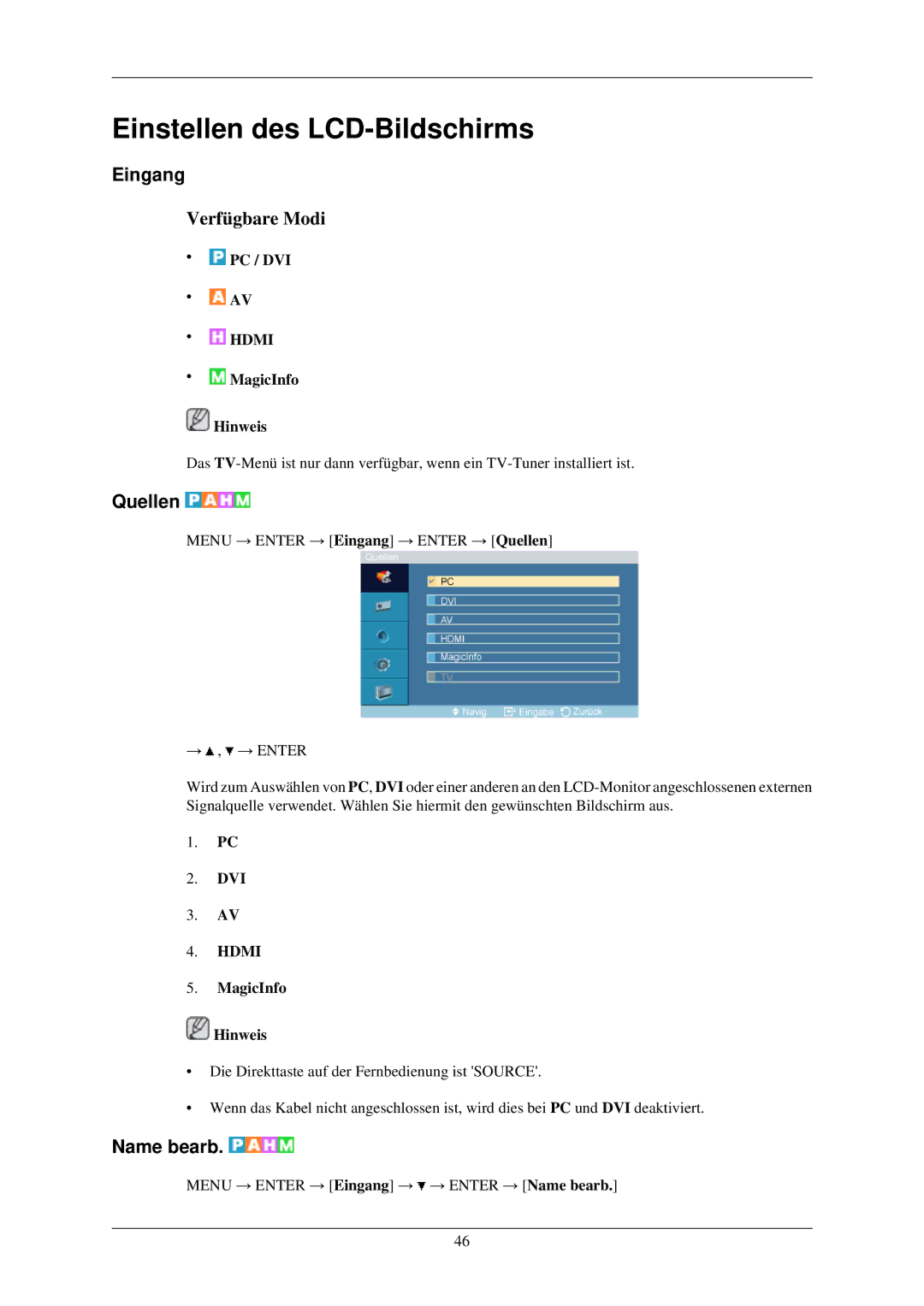 Samsung LH32TCUMBC/EN manual Eingang, Quellen, Name bearb 