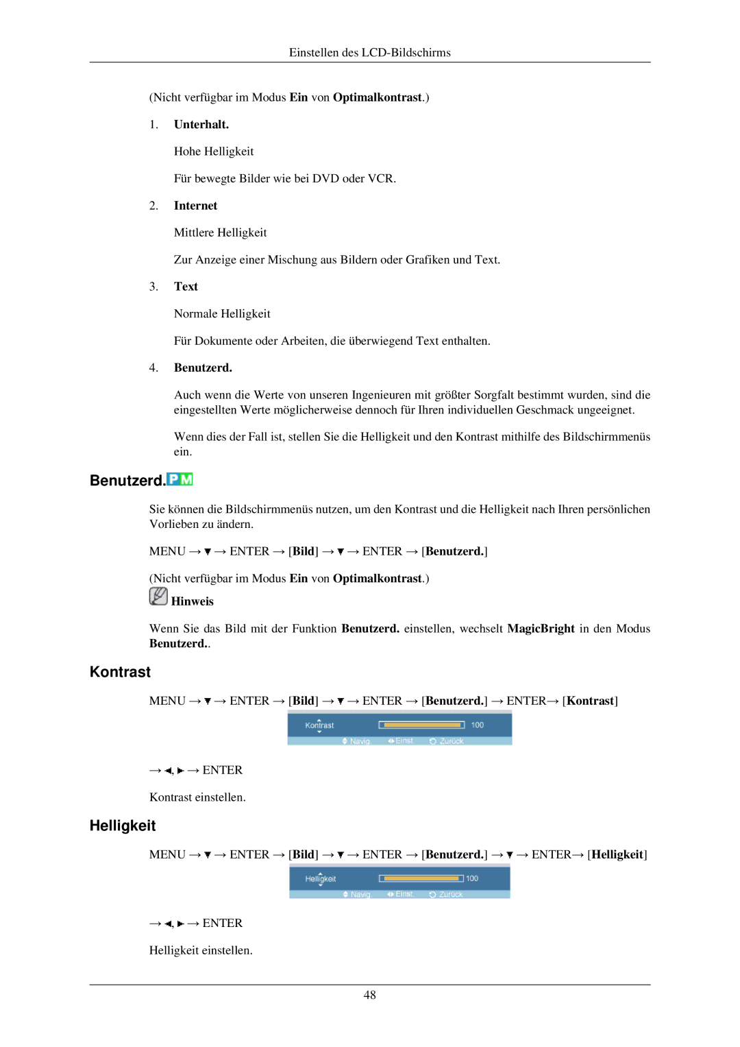 Samsung LH32TCUMBC/EN manual Benutzerd, Kontrast, Helligkeit 