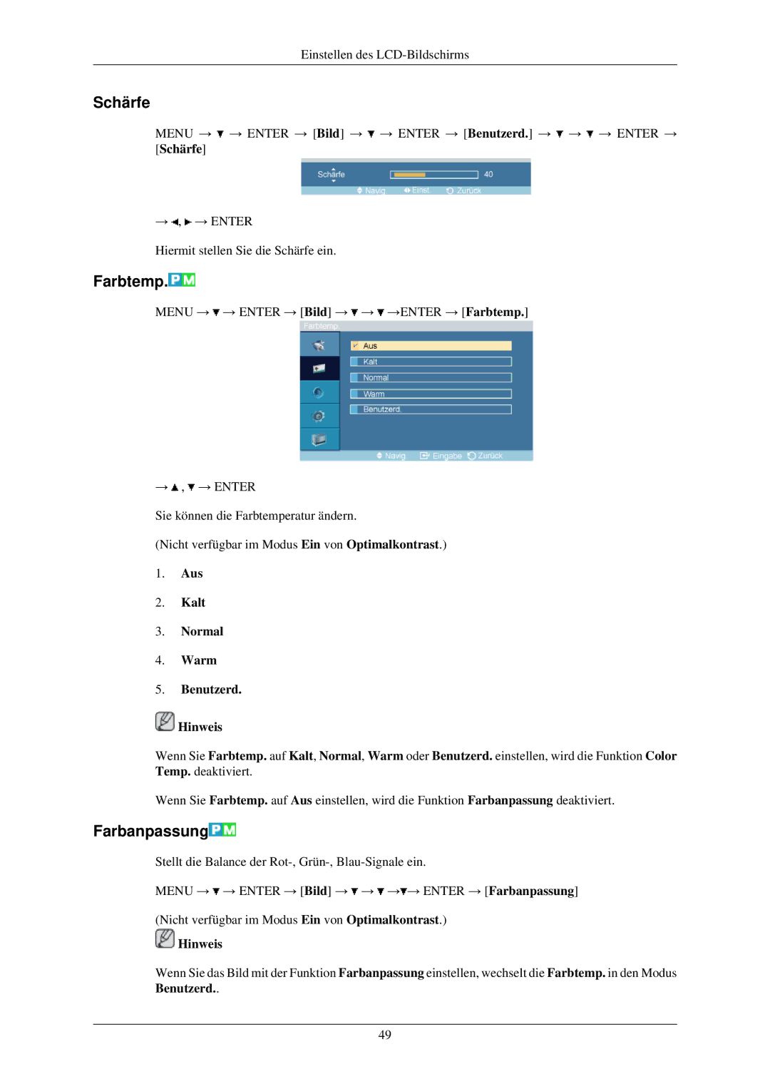 Samsung LH32TCUMBC/EN manual Schärfe, Farbtemp, Farbanpassung, Aus Kalt Normal Warm Benutzerd Hinweis 