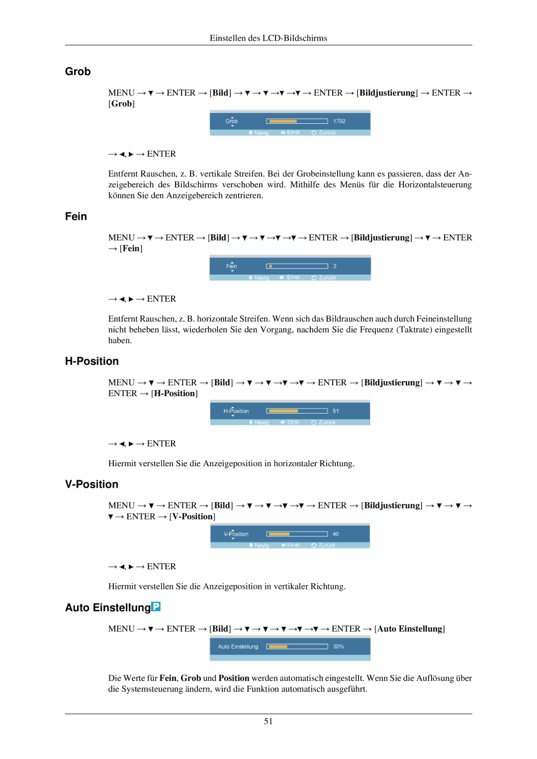 Samsung LH32TCUMBC/EN manual Grob, Position, Auto Einstellung, → Fein 