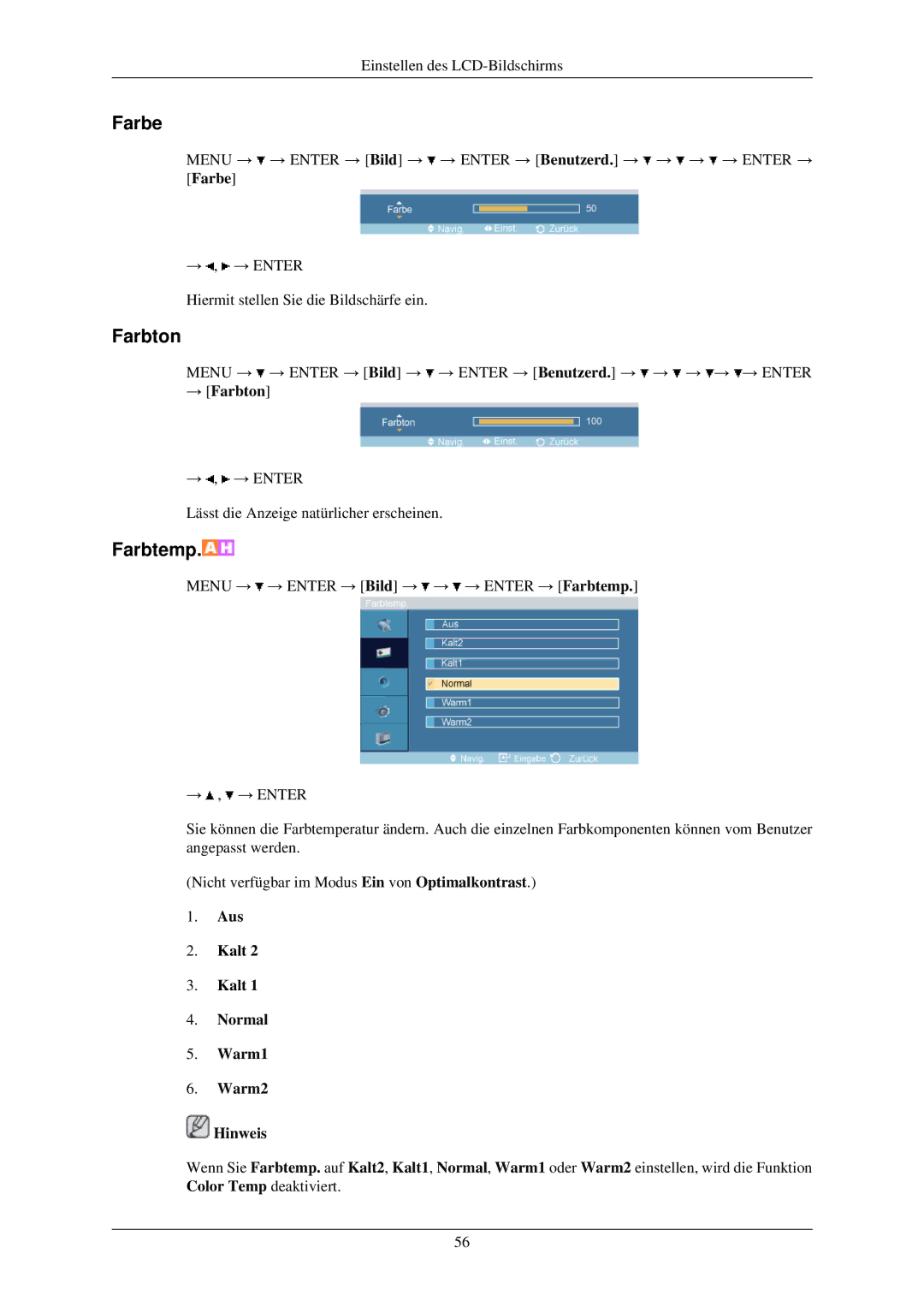 Samsung LH32TCUMBC/EN manual Farbe, → Farbton, Aus Kalt Normal Warm1 Warm2 Hinweis 