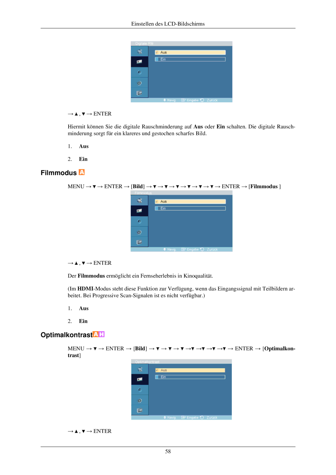 Samsung LH32TCUMBC/EN manual Menu → → Enter → Bild → → → → → → → Enter → Filmmodus 