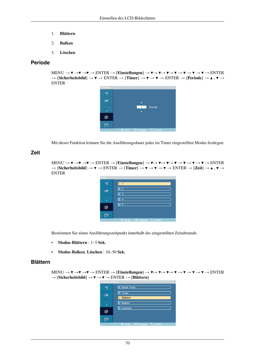 Samsung LH32TCUMBC/EN manual Periode, Blättern Balken Löschen, Modus-Blättern 1~5 Sek Modus-Balken,Löschen 10~50 Sek 