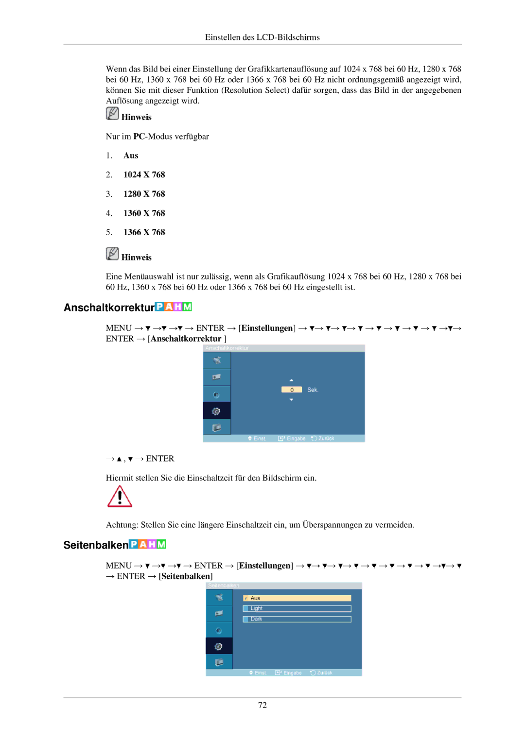 Samsung LH32TCUMBC/EN manual Anschaltkorrektur, Aus 1024 X 1280 X 1360 X 1366 X Hinweis, → Enter → Seitenbalken 