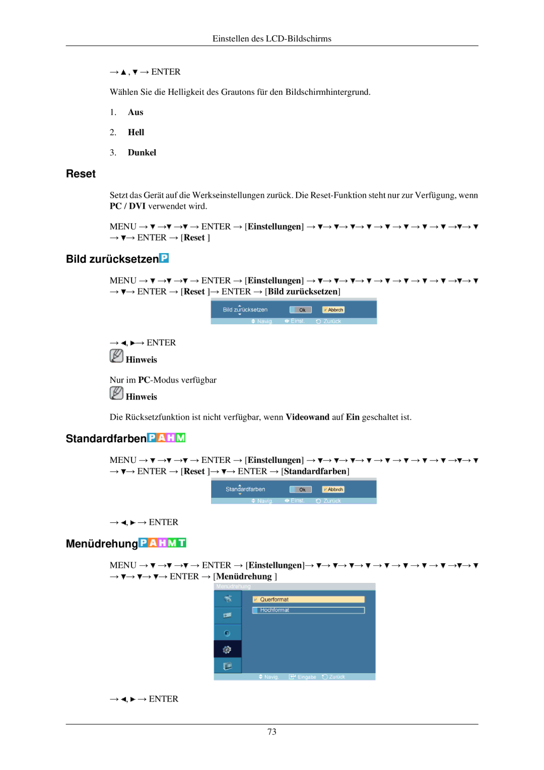 Samsung LH32TCUMBC/EN manual Reset, Bild zurücksetzen, Standardfarben, Menüdrehung 