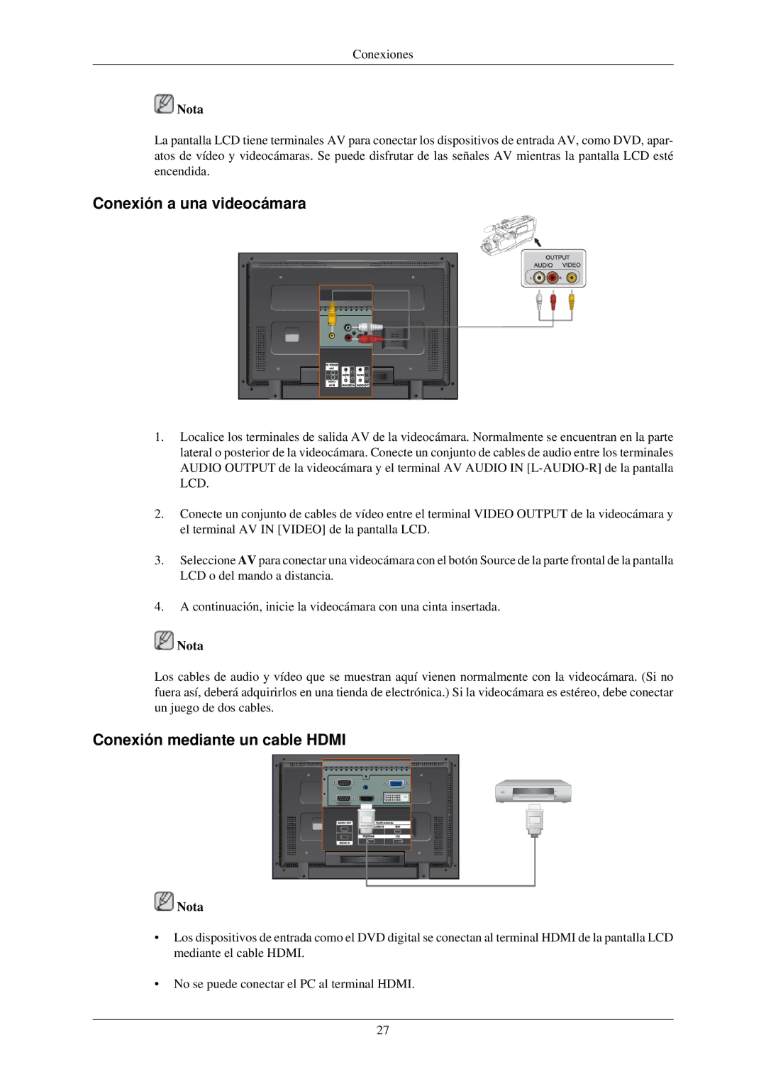 Samsung LH32TCUMBC/EN manual Conexión a una videocámara, Conexión mediante un cable Hdmi 