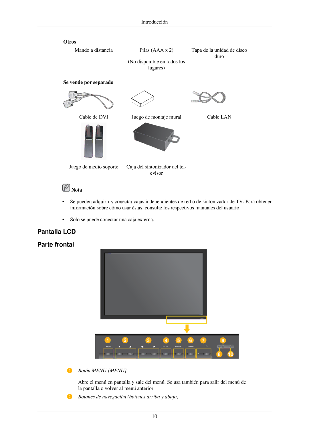 Samsung LH32TCUMBC/EN manual Pantalla LCD Parte frontal, Se vende por separado, Botón Menu Menu 