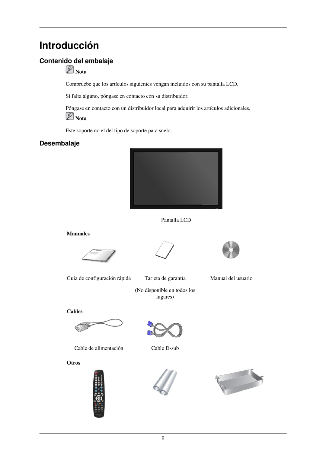 Samsung LH32TCUMBC/EN manual Contenido del embalaje, Desembalaje, Manuales, Cables, Otros 