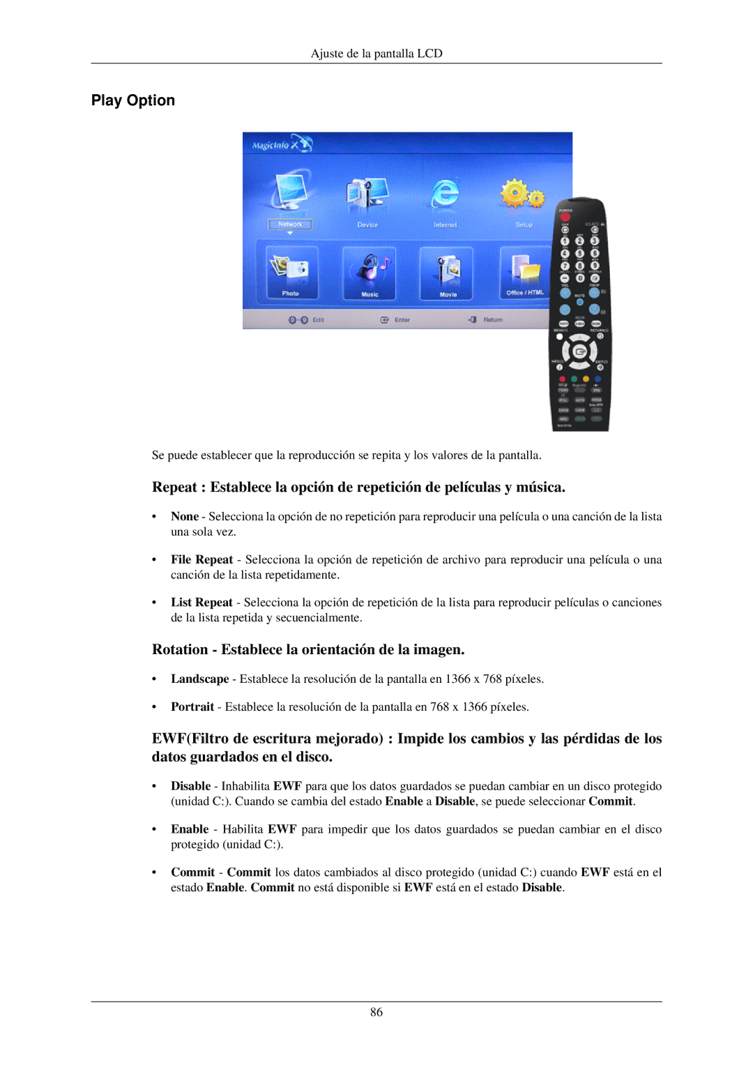 Samsung LH32TCUMBC/EN manual Play Option, Rotation Establece la orientación de la imagen 