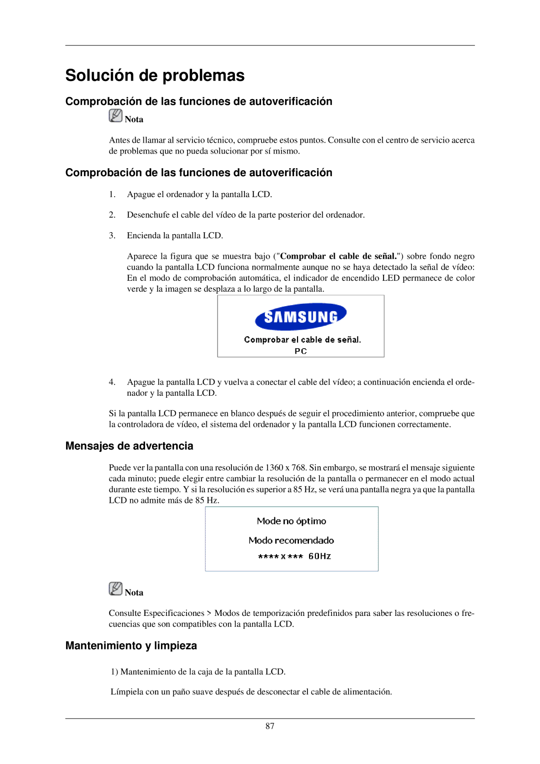 Samsung LH32TCUMBC/EN Comprobación de las funciones de autoverificación, Mensajes de advertencia, Mantenimiento y limpieza 