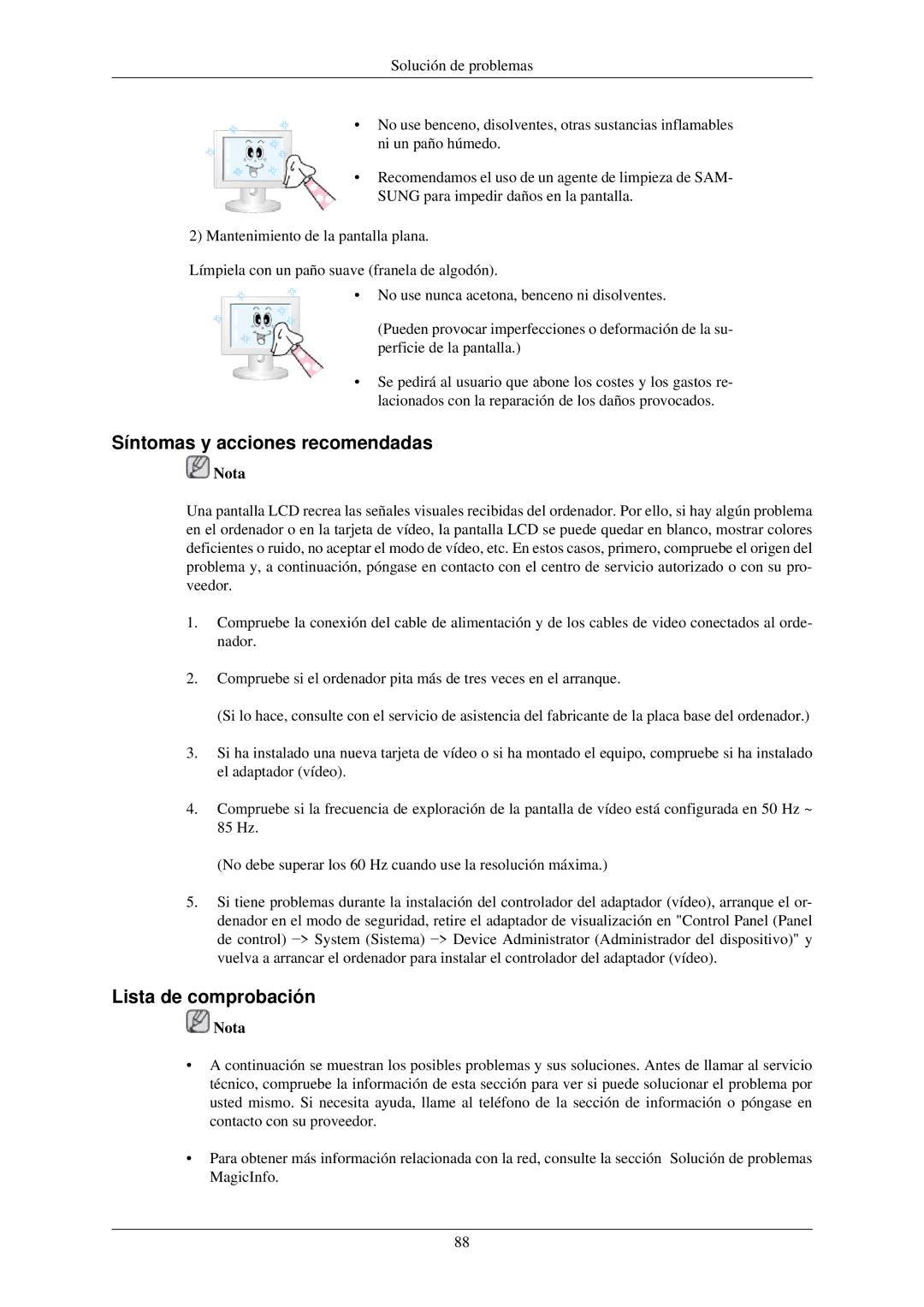 Samsung LH32TCUMBC/EN manual Síntomas y acciones recomendadas, Lista de comprobación 