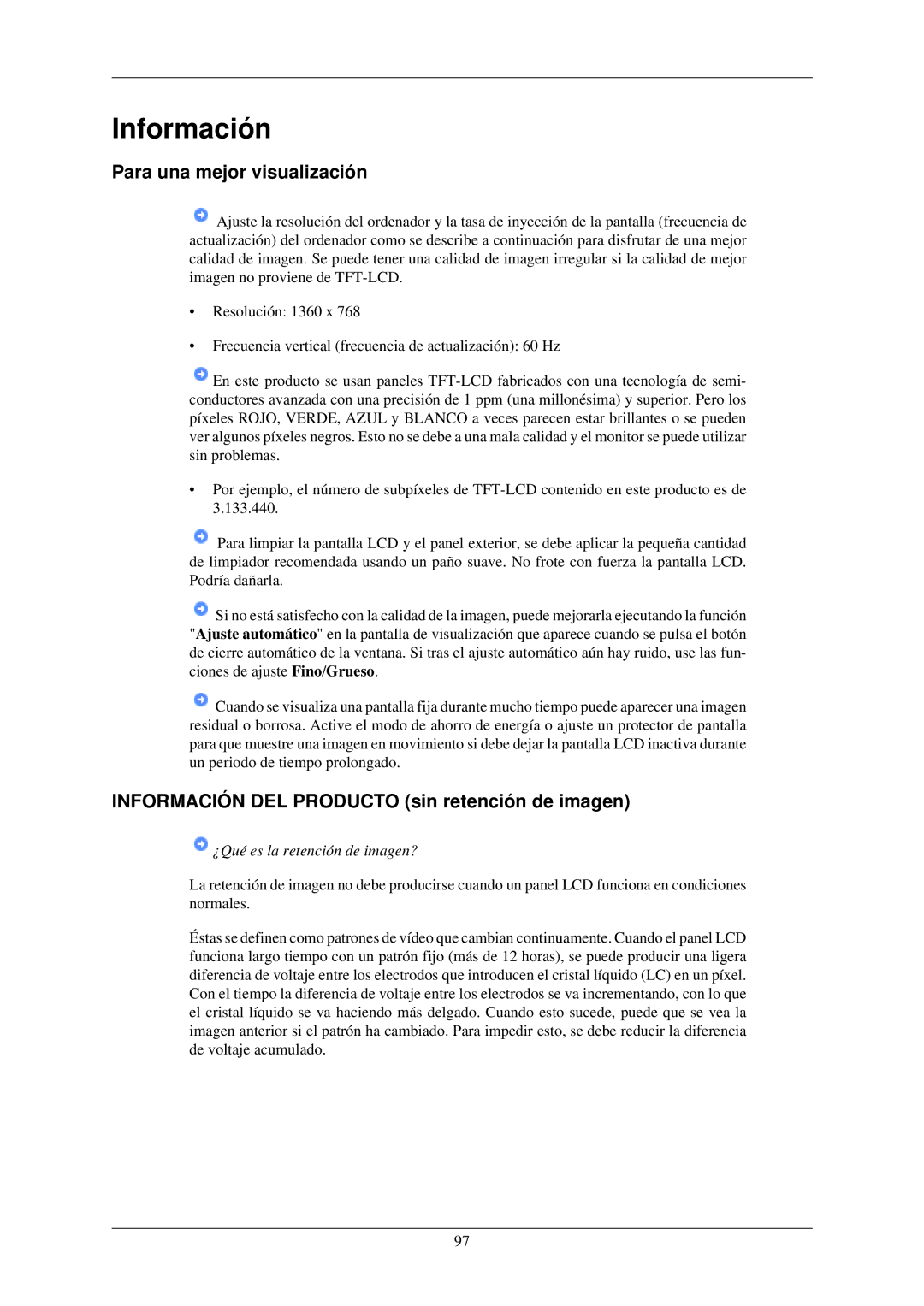 Samsung LH32TCUMBC/EN manual Para una mejor visualización, Información DEL Producto sin retención de imagen 