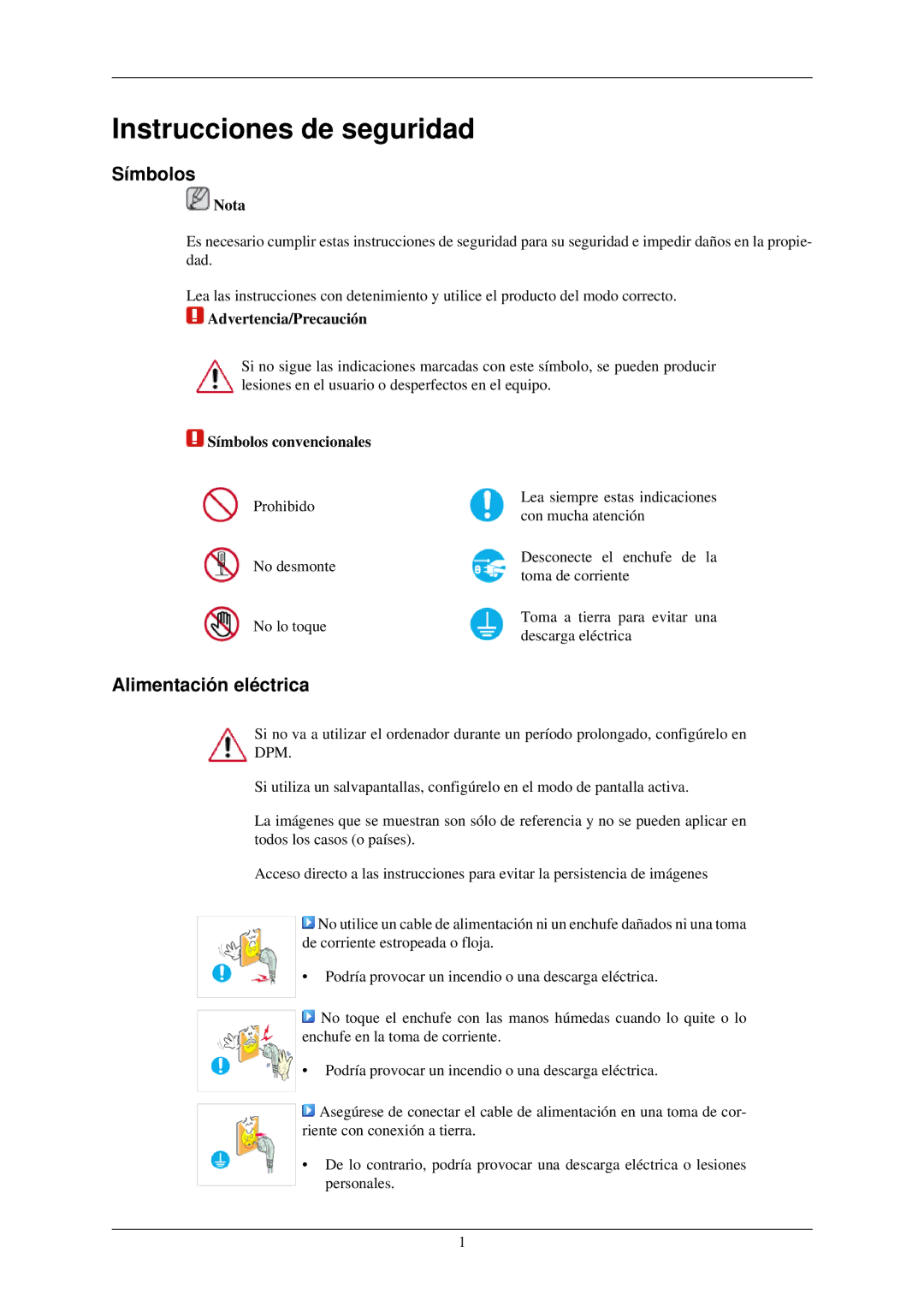 Samsung LH32TCUMBC/EN manual Alimentación eléctrica, Nota, Advertencia/Precaución, Símbolos convencionales 