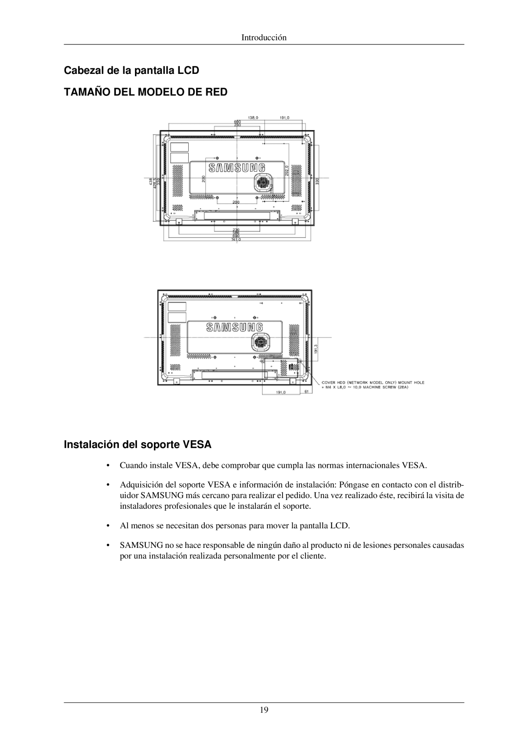 Samsung LH32TCUMBC/EN manual Cabezal de la pantalla LCD, Instalación del soporte Vesa 