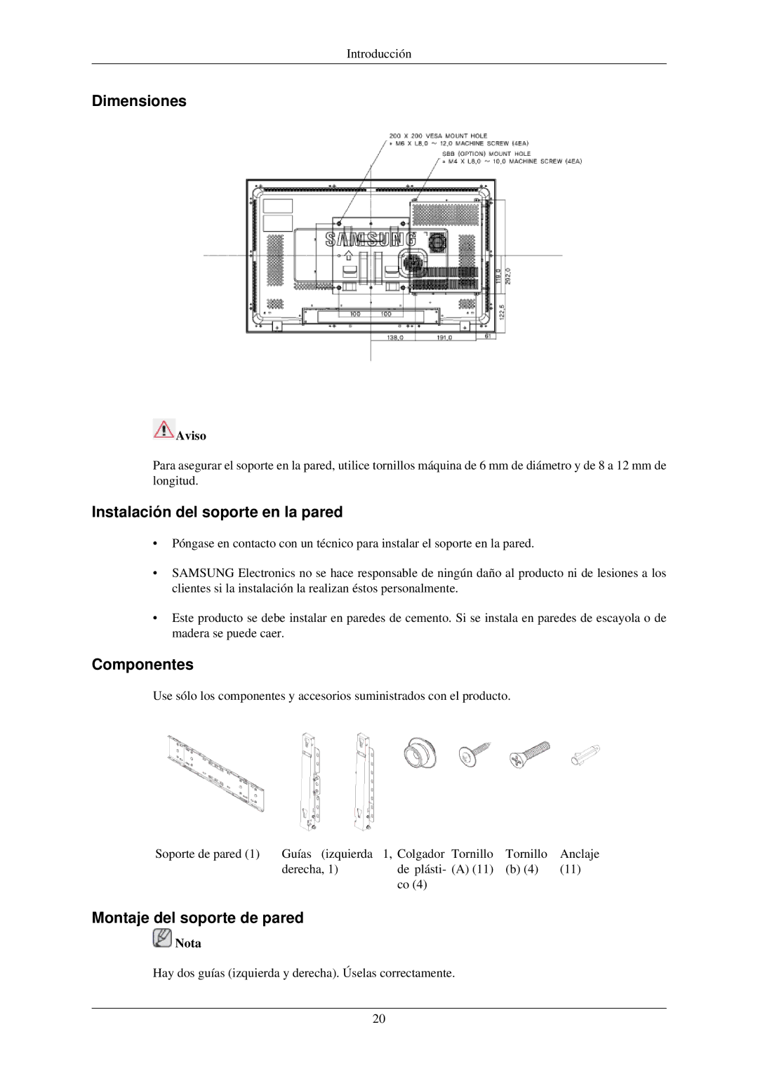 Samsung LH32TCUMBC/EN Dimensiones, Instalación del soporte en la pared, Componentes, Montaje del soporte de pared, Aviso 