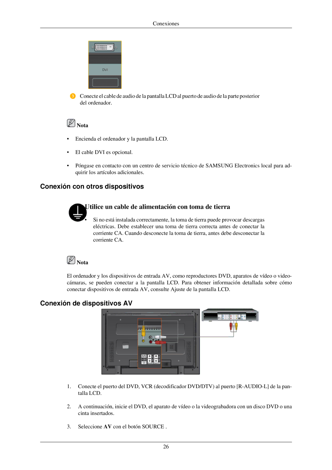 Samsung LH32TCUMBC/EN manual Conexión con otros dispositivos, Conexión de dispositivos AV 