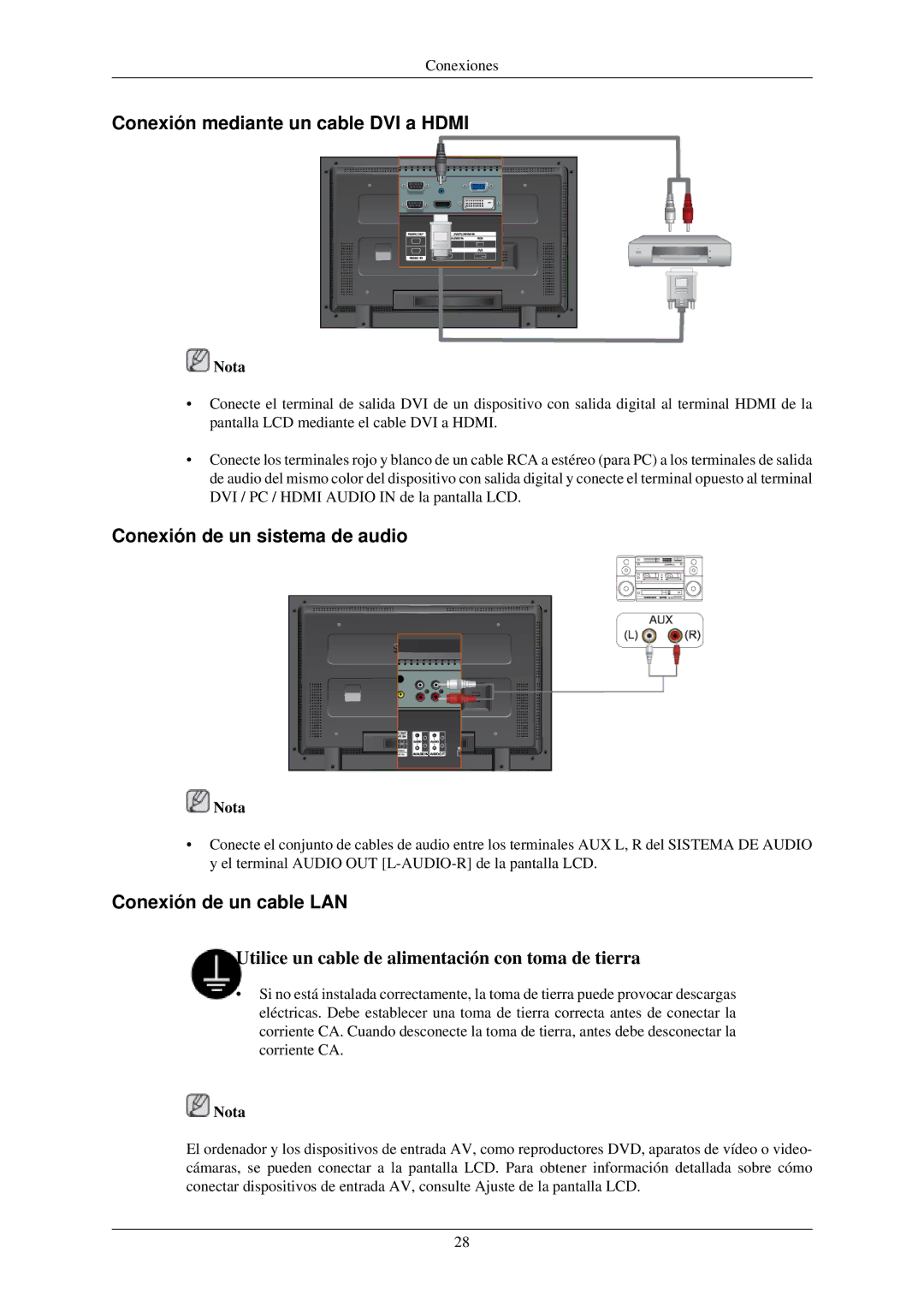 Samsung LH32TCUMBC/EN Conexión mediante un cable DVI a Hdmi, Conexión de un sistema de audio, Conexión de un cable LAN 