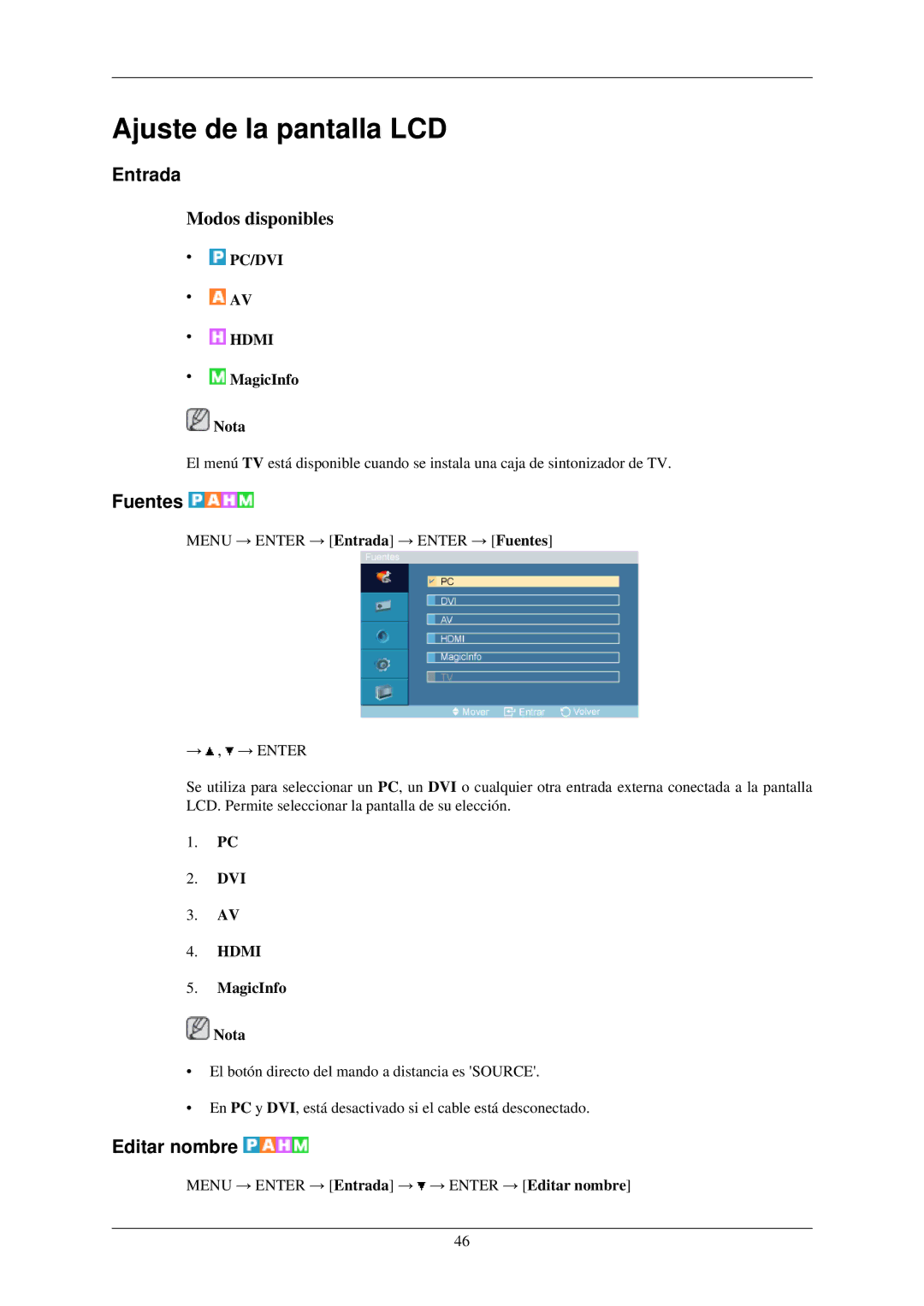 Samsung LH32TCUMBC/EN manual Entrada, Fuentes, Editar nombre, MagicInfo Nota, Dvi 