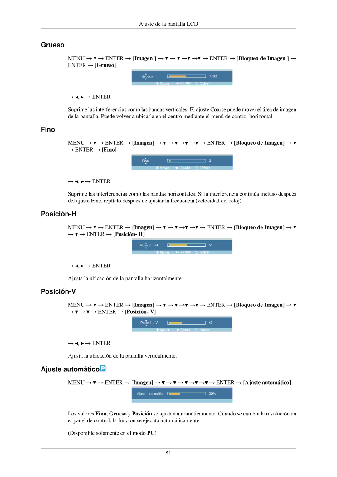 Samsung LH32TCUMBC/EN manual Grueso, Fino, Posición-H, Posición-V, Ajuste automático 