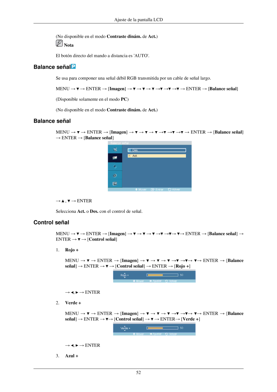 Samsung LH32TCUMBC/EN manual Control señal, → Enter → Balance señal, Azul + 