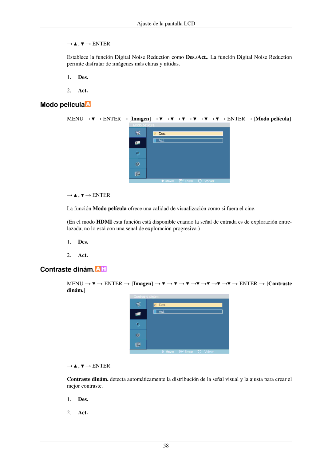 Samsung LH32TCUMBC/EN manual Menu → → Enter → Imagen → → → → → → → Enter → Modo película 