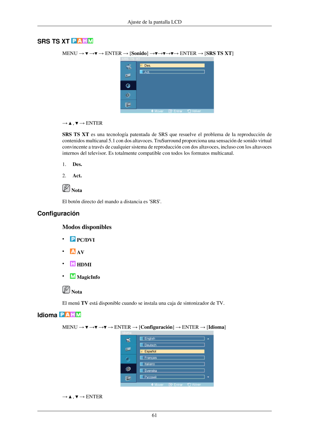 Samsung LH32TCUMBC/EN manual Configuración, Idioma, Des Act Nota 