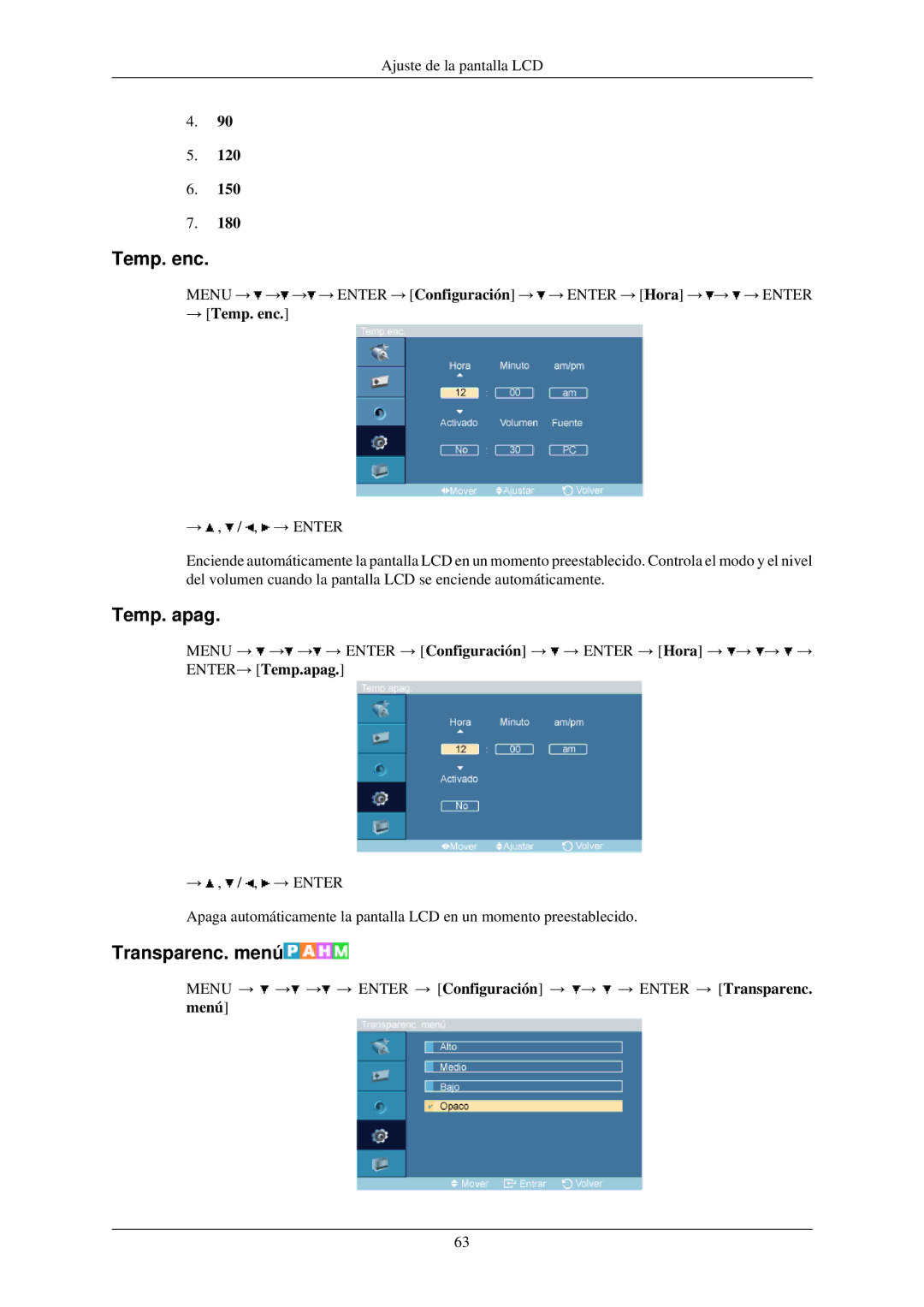 Samsung LH32TCUMBC/EN manual Temp. apag, Transparenc. menú, → Temp. enc 
