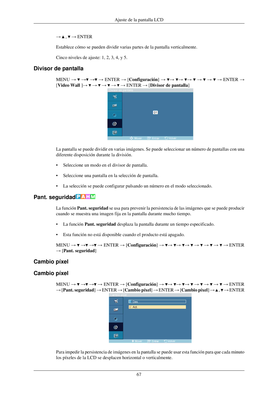 Samsung LH32TCUMBC/EN manual Divisor de pantalla, Cambio píxel, → Pant. seguridad 