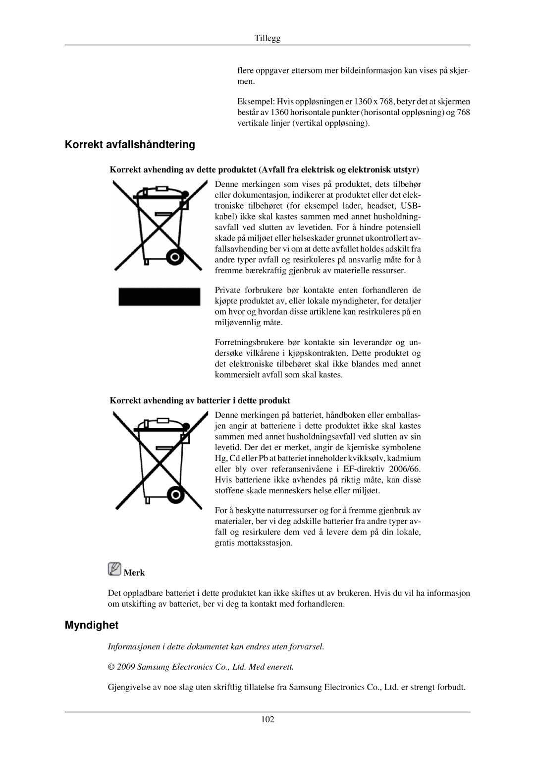 Samsung LH32TCUMBC/EN manual Korrekt avfallshåndtering, Myndighet, Korrekt avhending av batterier i dette produkt 