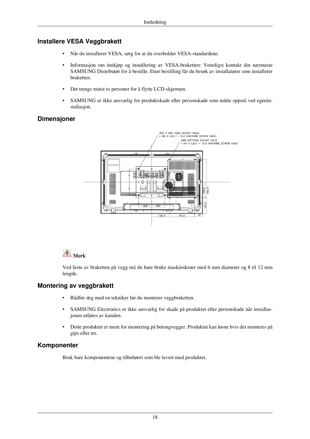 Samsung LH32TCUMBC/EN manual Installere Vesa Veggbrakett, Dimensjoner, Montering av veggbrakett, Komponenter 