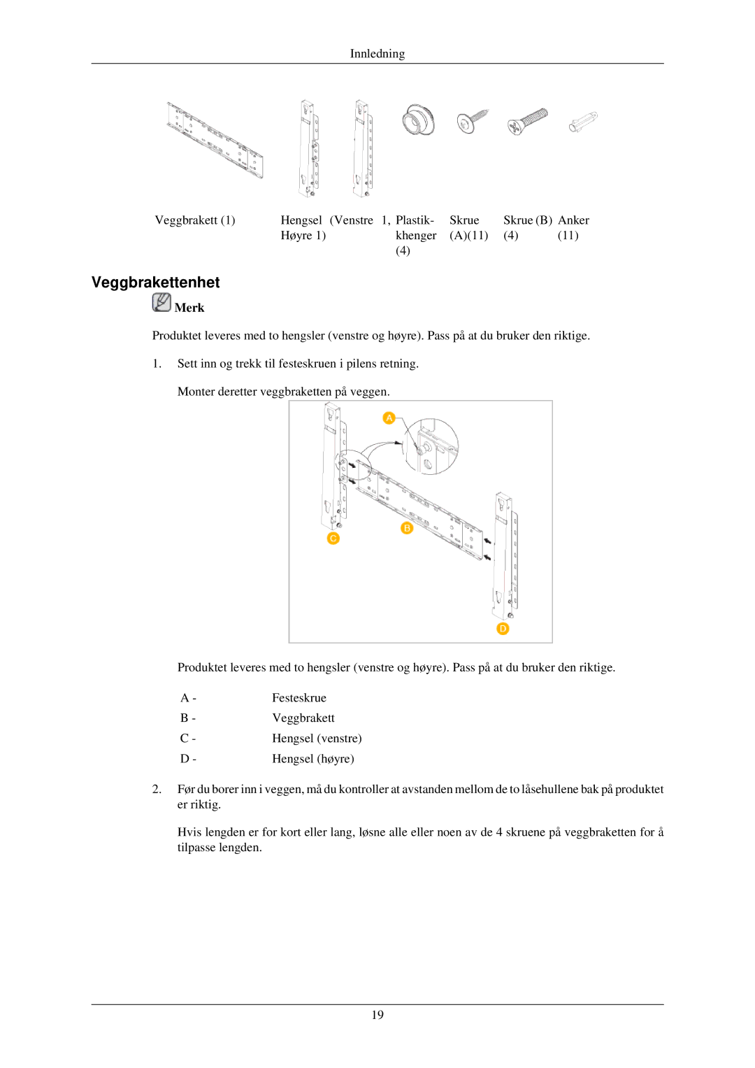 Samsung LH32TCUMBC/EN manual Veggbrakettenhet 