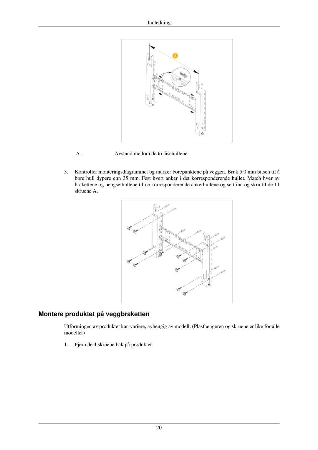 Samsung LH32TCUMBC/EN manual Montere produktet på veggbraketten 