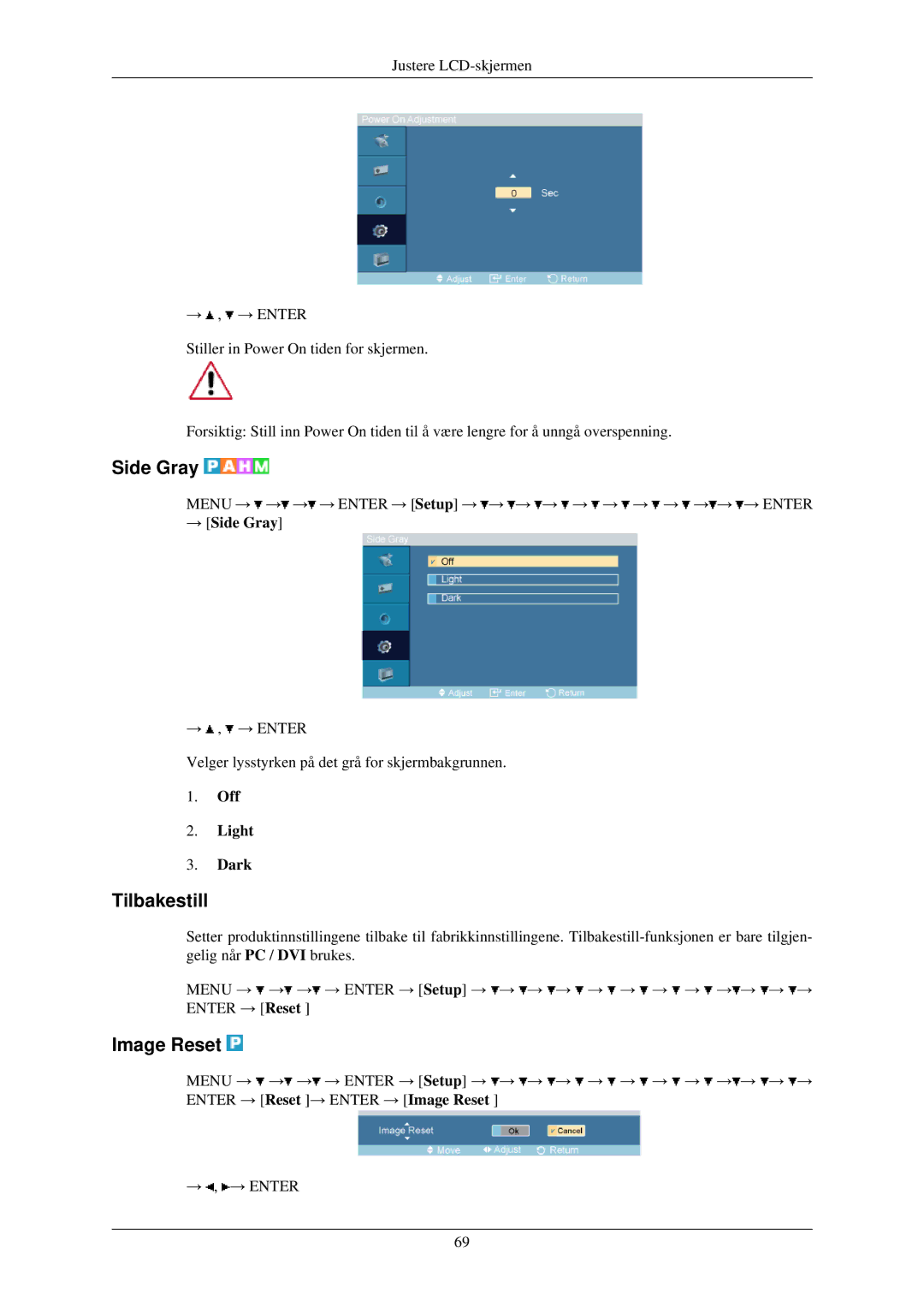 Samsung LH32TCUMBC/EN manual Tilbakestill, Image Reset, → Side Gray, Off Light Dark 