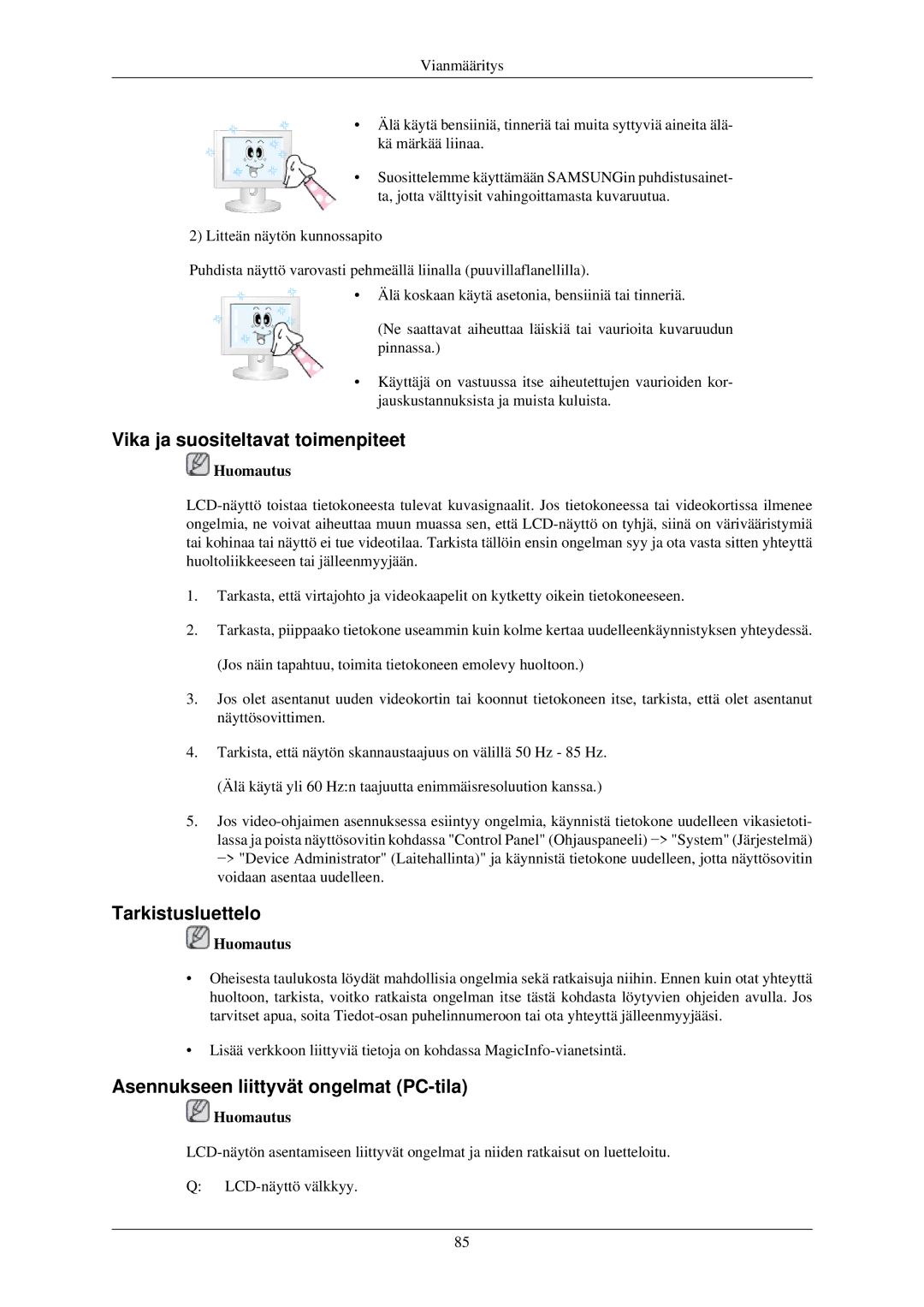 Samsung LH32TCUMBC/EN manual Vika ja suositeltavat toimenpiteet, Tarkistusluettelo, Asennukseen liittyvät ongelmat PC-tila 