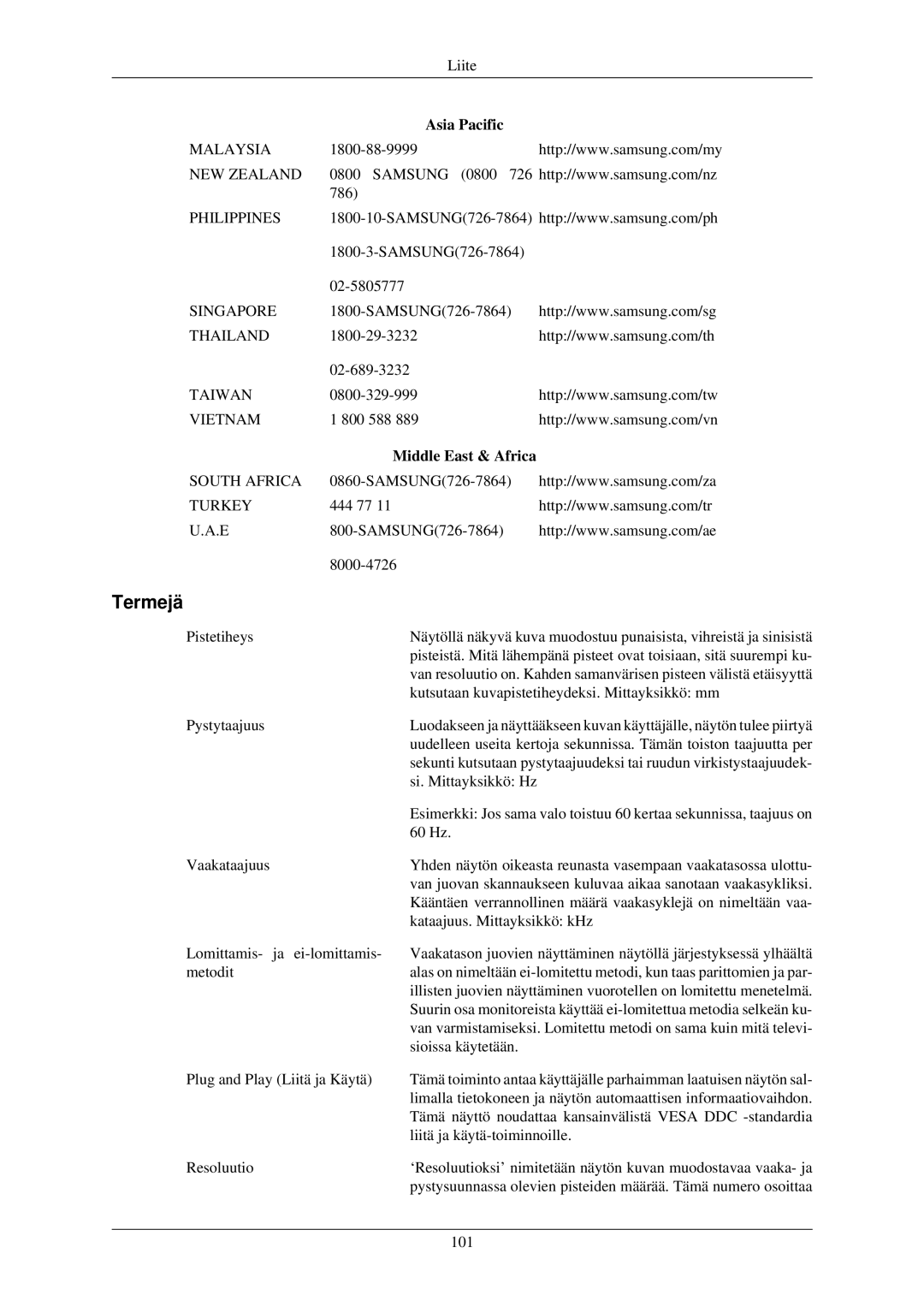 Samsung LH32TCUMBC/EN manual Termejä, Middle East & Africa 