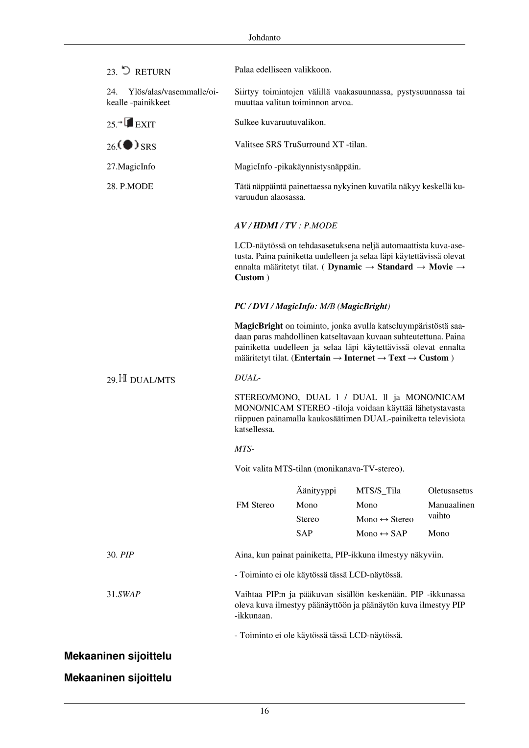 Samsung LH32TCUMBC/EN manual Mekaaninen sijoittelu, Return 