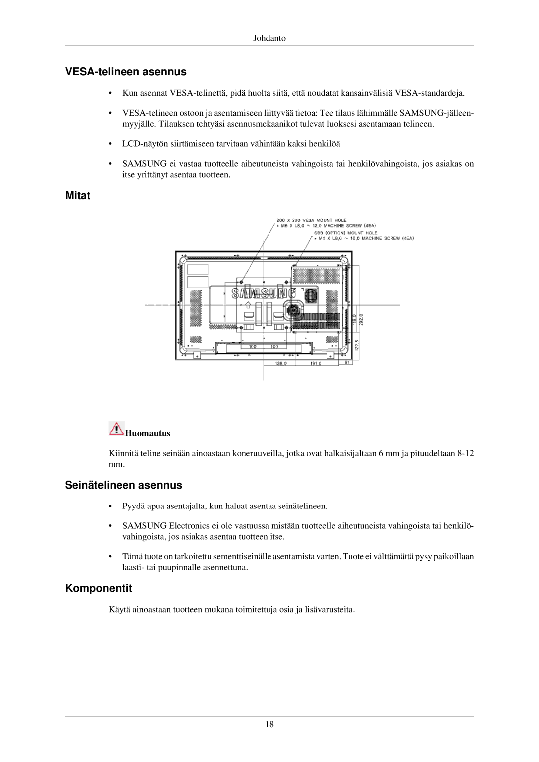 Samsung LH32TCUMBC/EN manual VESA-telineen asennus, Mitat, Seinätelineen asennus, Komponentit 